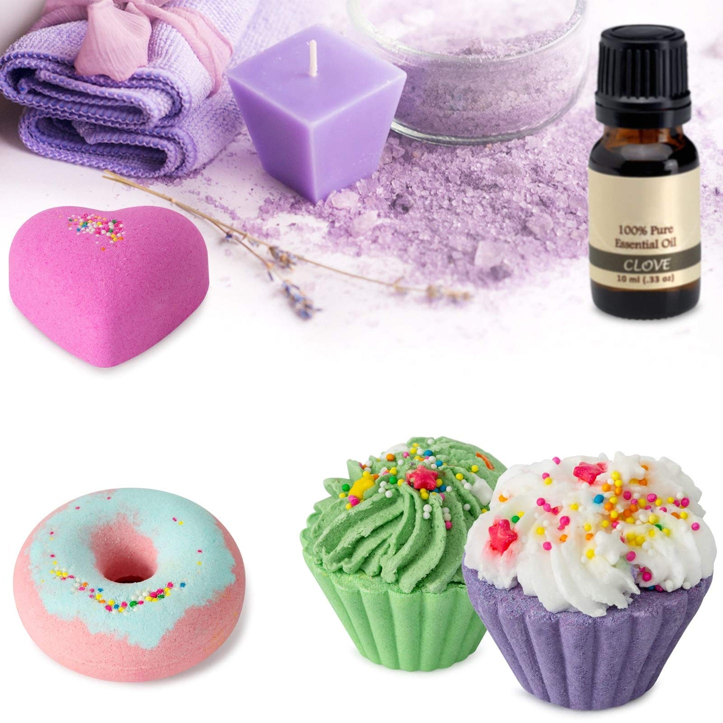Aromatherapy bath bombs displaying individual wrappers and scent varieties