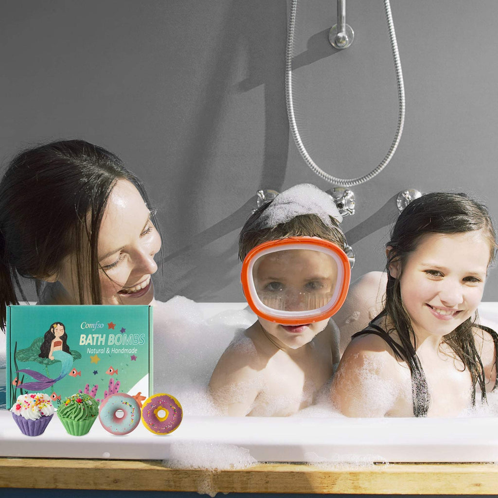 Comfso kids bath bombs set box and assorted bath fizzies top view