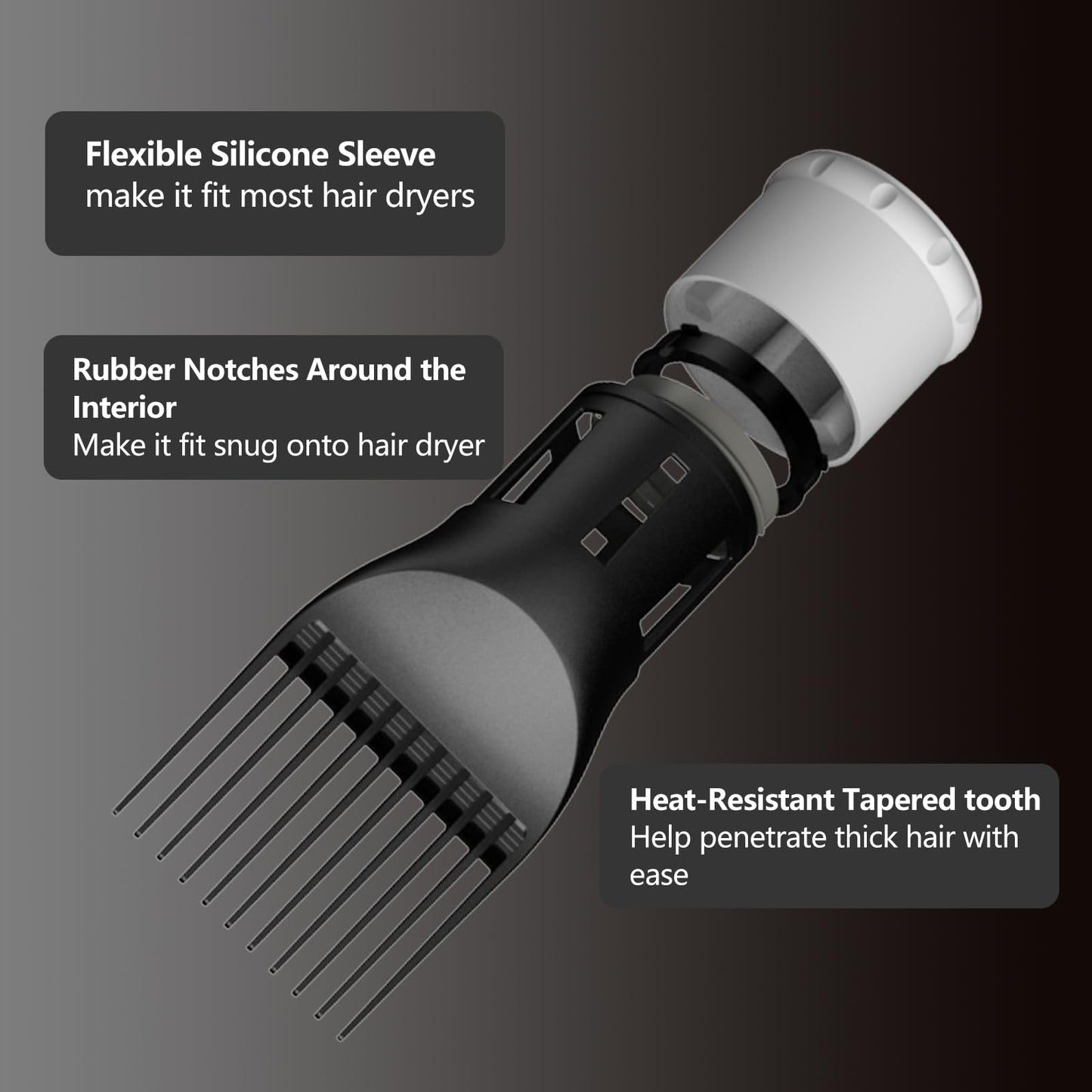 Lura blow dryer attachment showing flexible silicone base