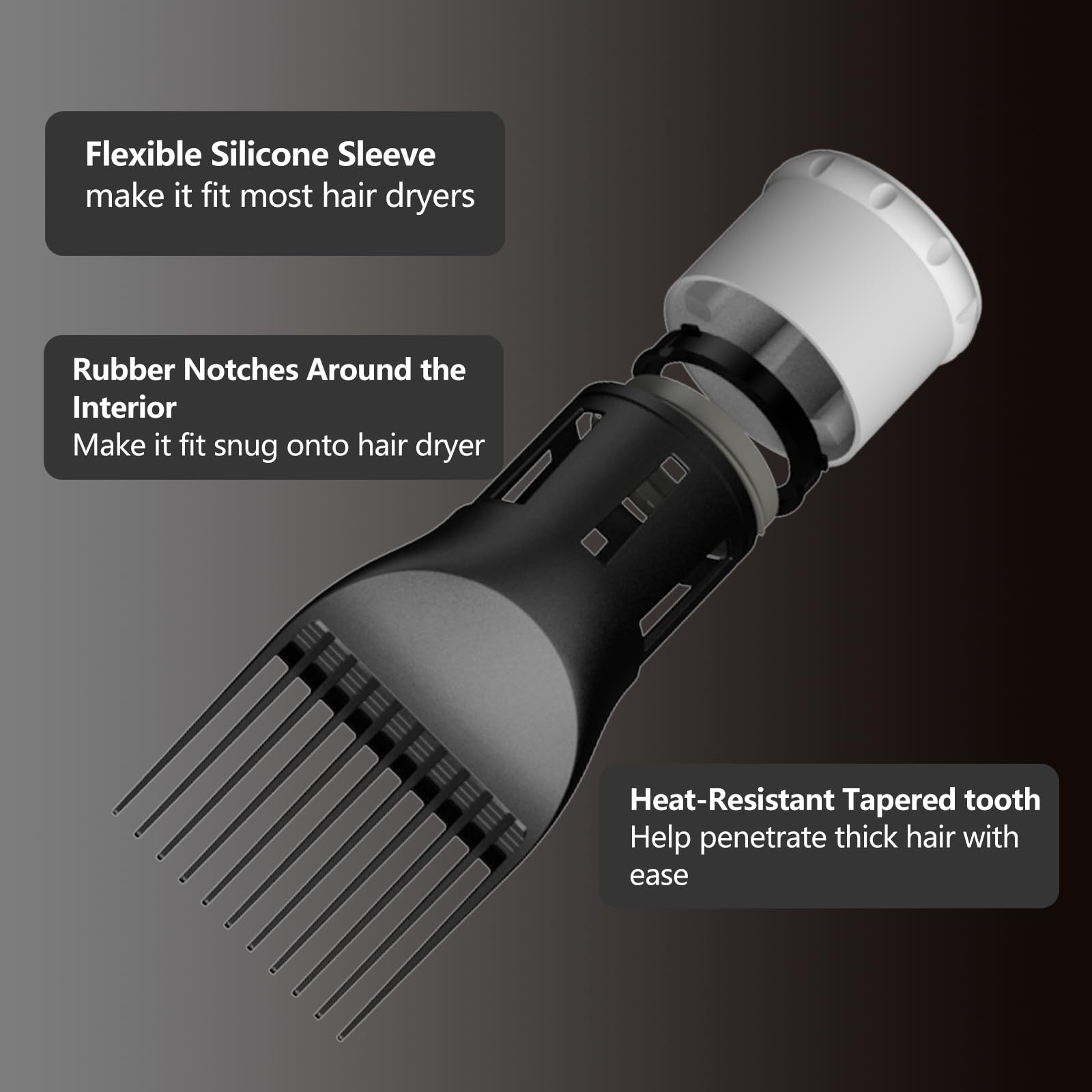 Lura blow dryer attachment showing flexible silicone base