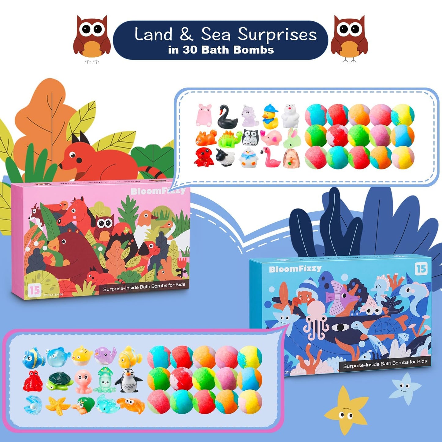 Colorful children's bath fizzers dissolving in warm water revealing a small toy animal