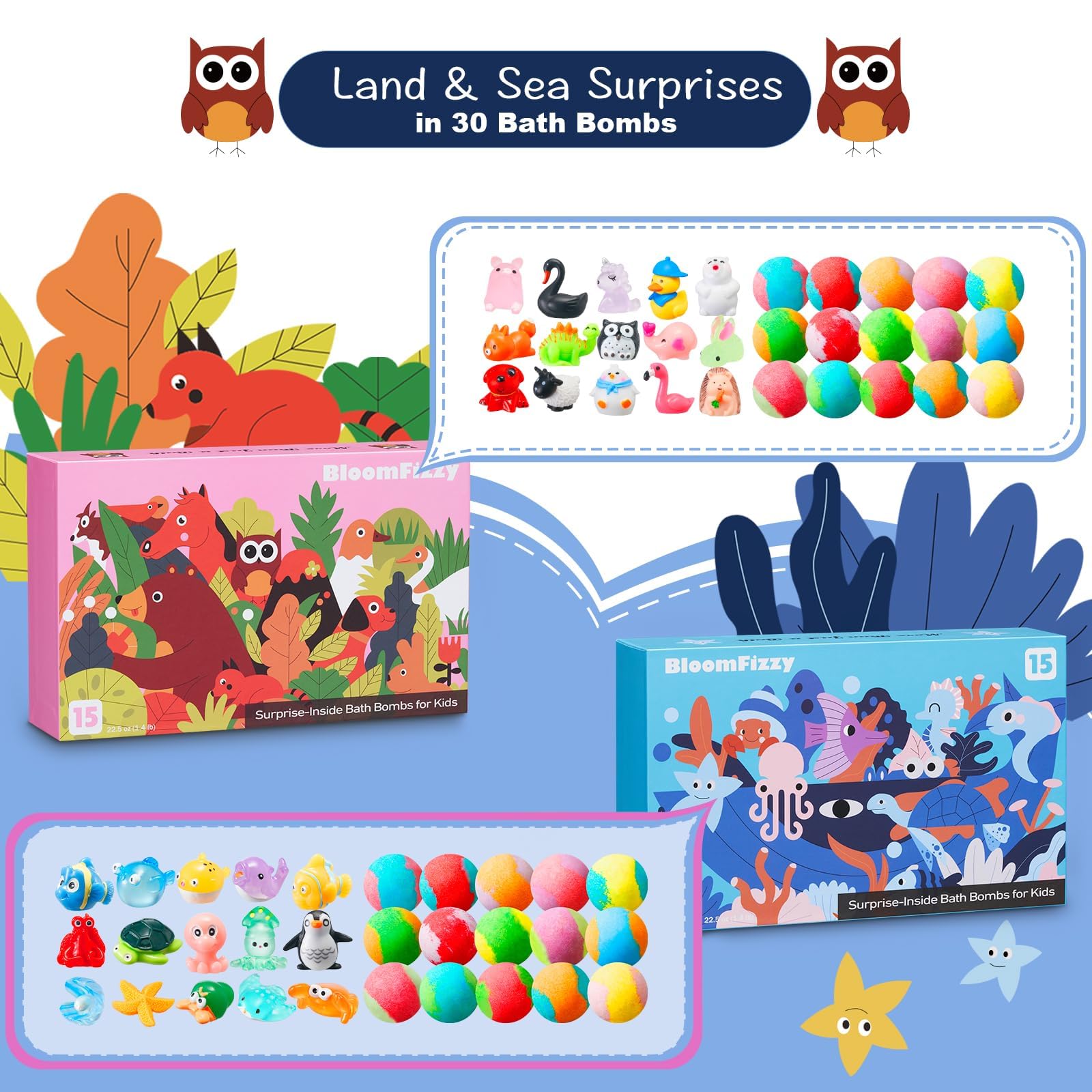 Colorful children's bath fizzers dissolving in warm water revealing a small toy animal