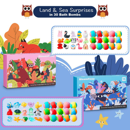 Colorful children's bath fizzers dissolving in warm water revealing a small toy animal