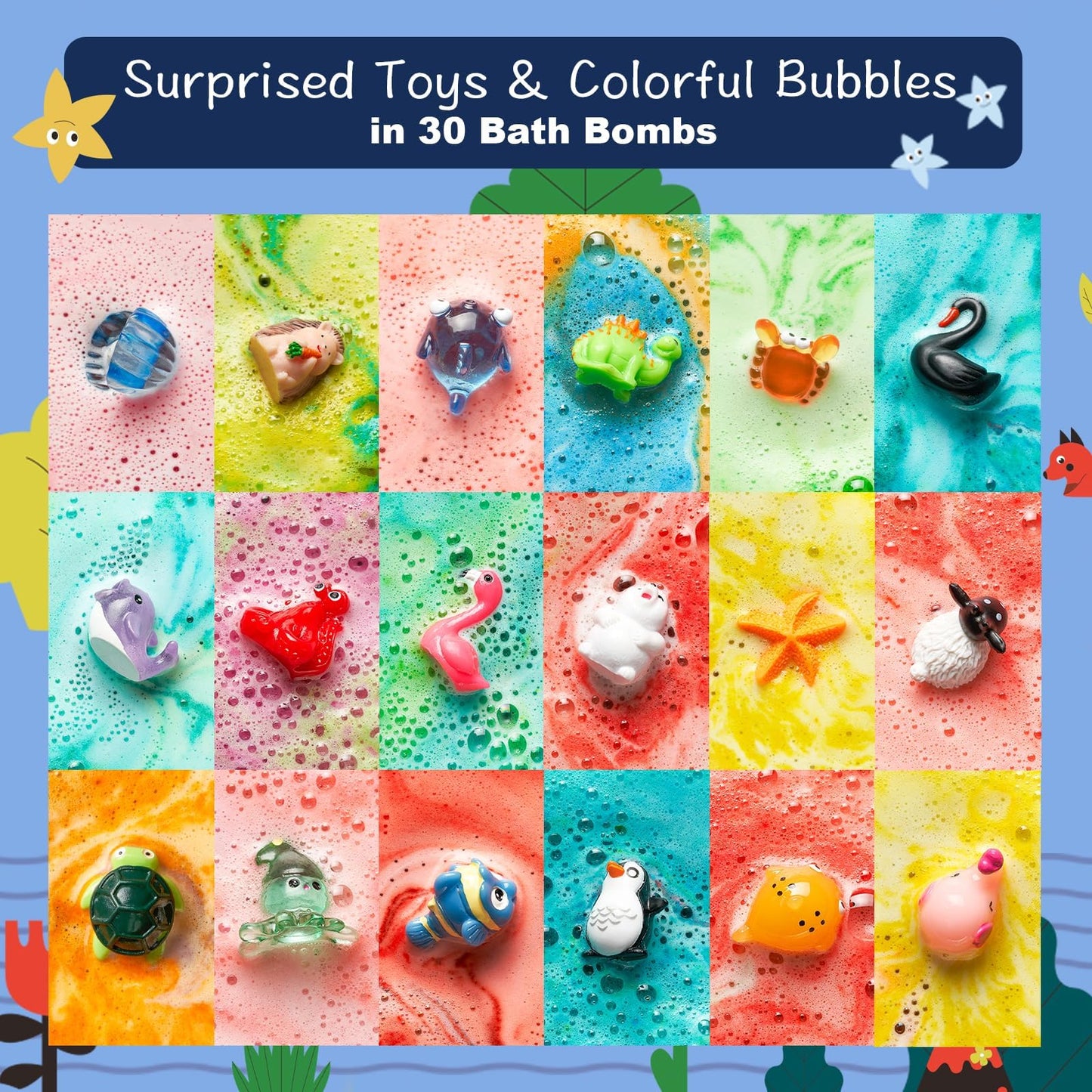 Collection of thirty unique land and sea animal figurines included inside the fizzers