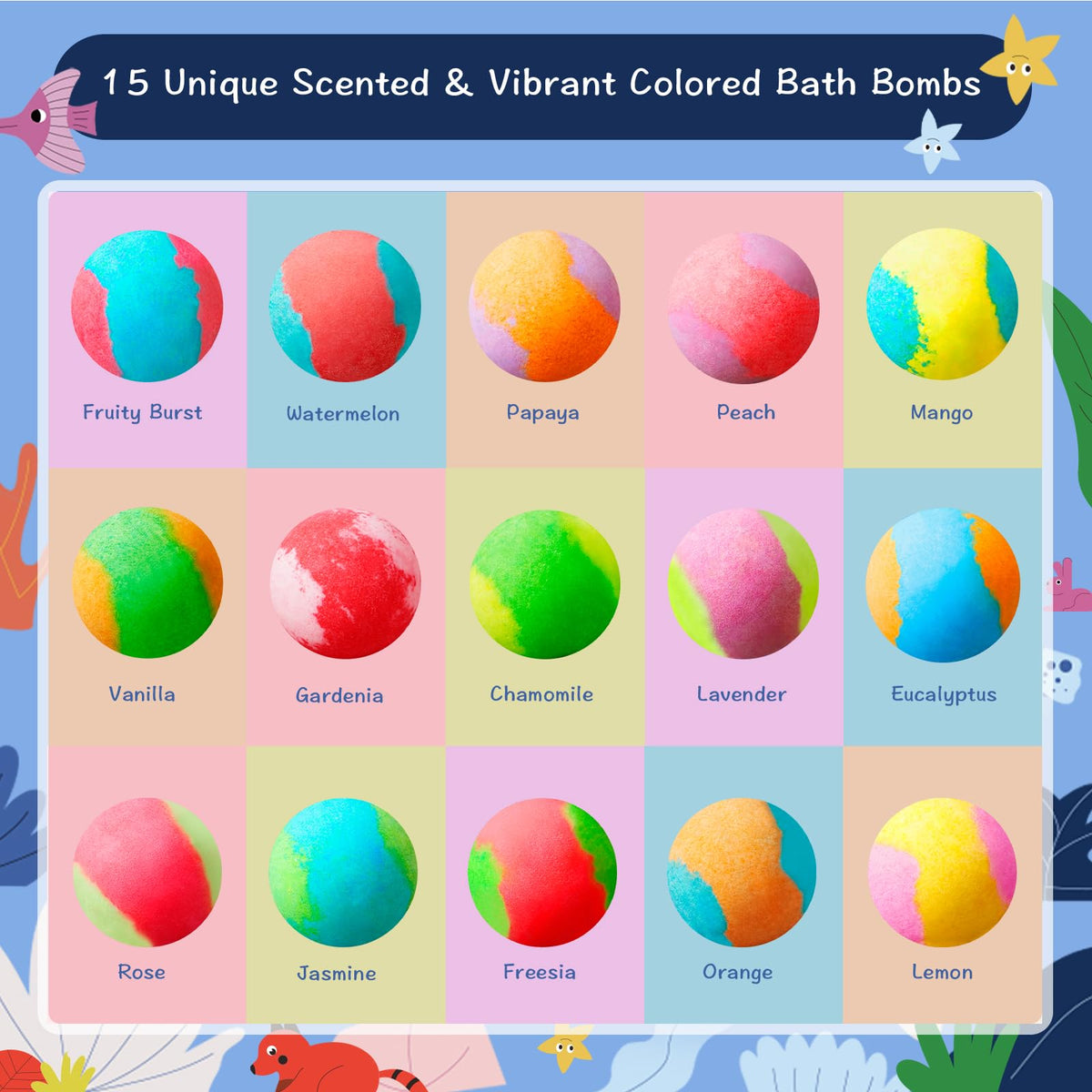 Individual wrapped bath bombs displaying vibrant colors and unique designs