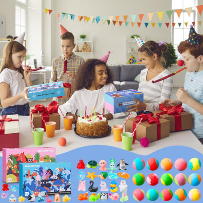 Children playing with the floating animal toys during a vibrant and colorful fizzy bath