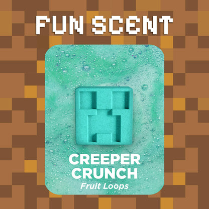 Collectible block builder toy figure emerging from the dissolved green bath product.
