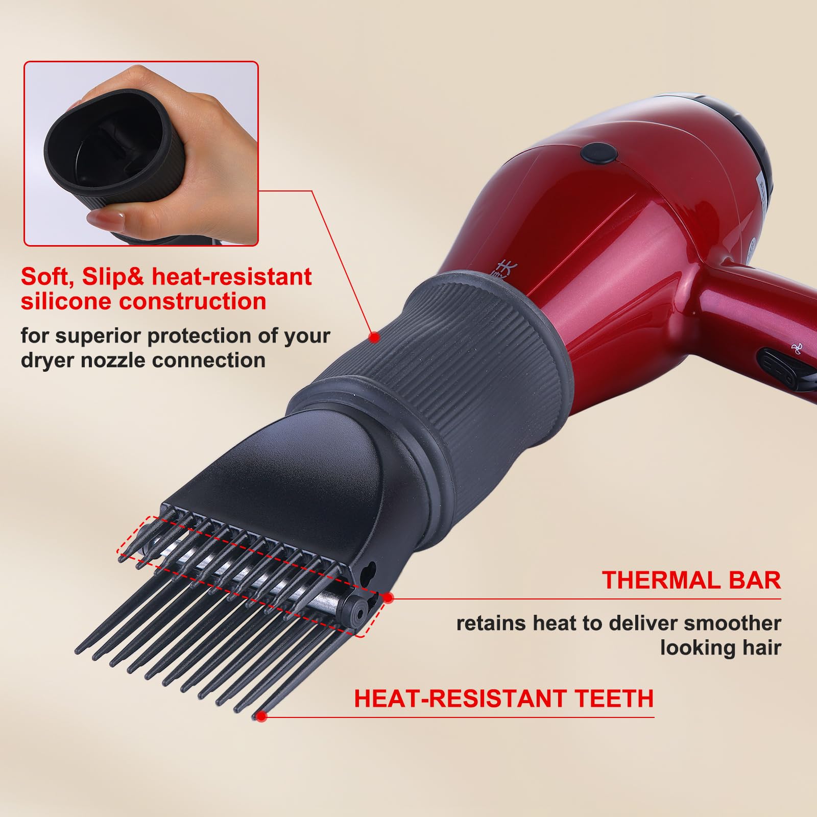 Perfehair hair dryer attachment demonstrating universal nozzle fit