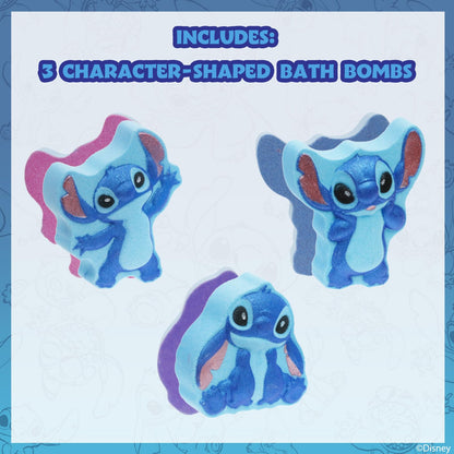 Three individual blue raspberry scented Stitch molded bath bombs showing different character poses