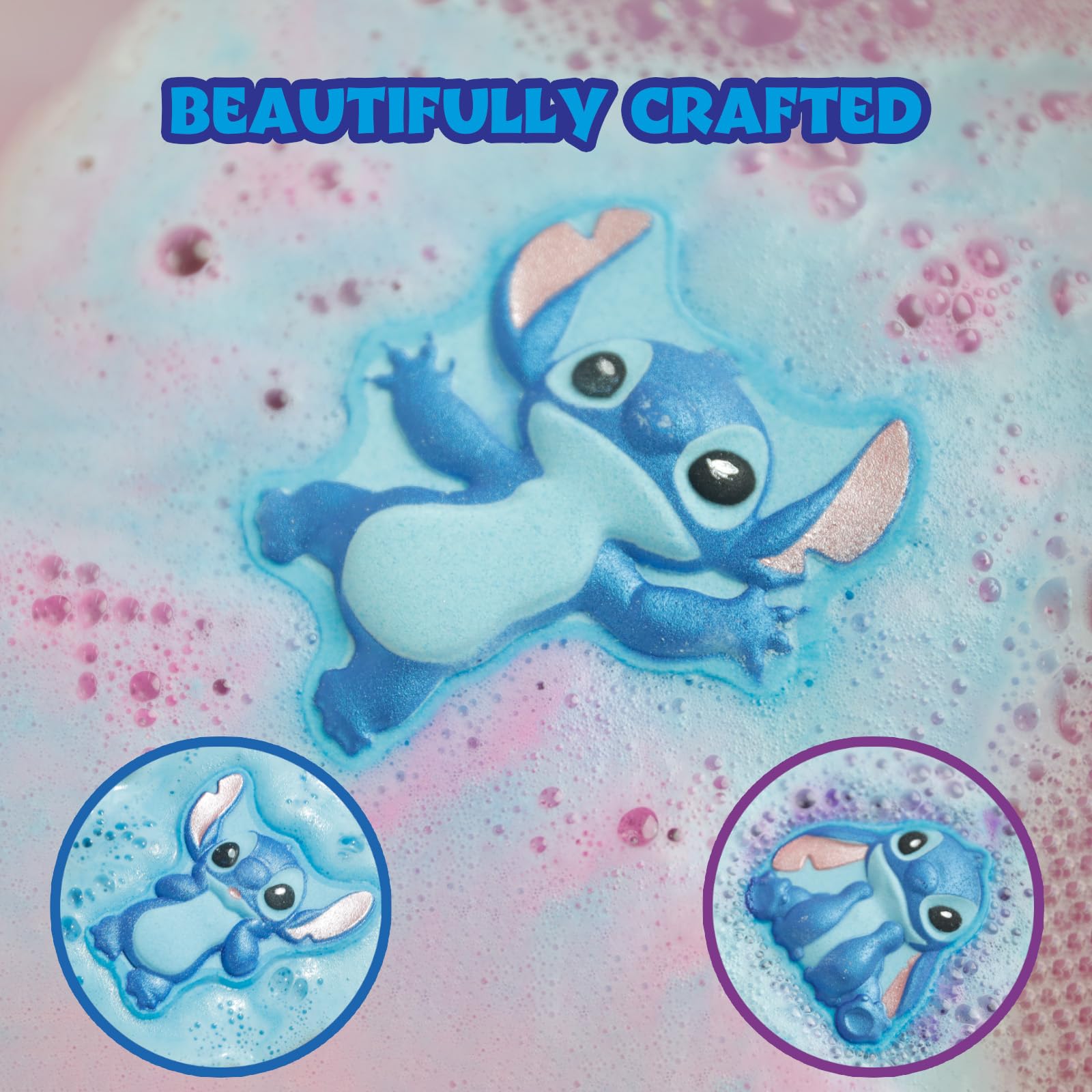 Close up look at the painted details on the one hundred gram Stitch bath fizzer