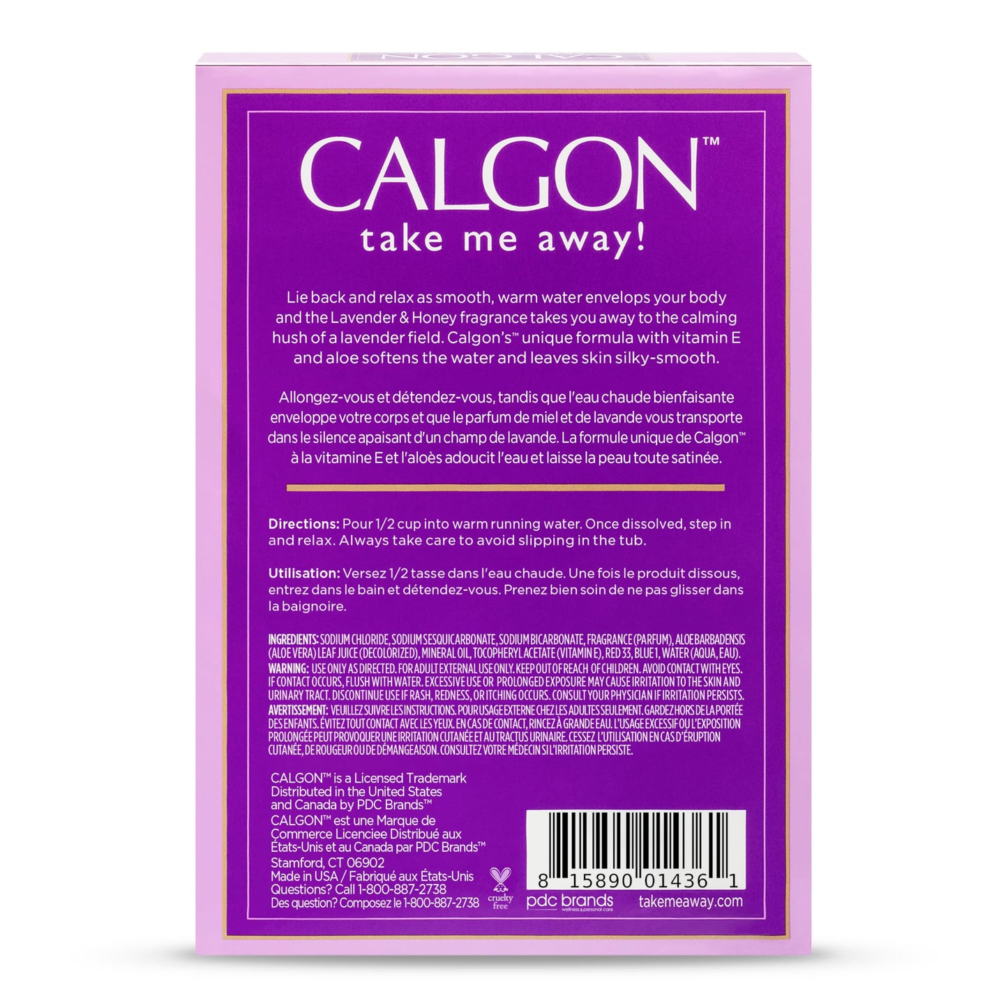 Calgon lavender and honey bath crystals bottle showing nutritional and ingredient details