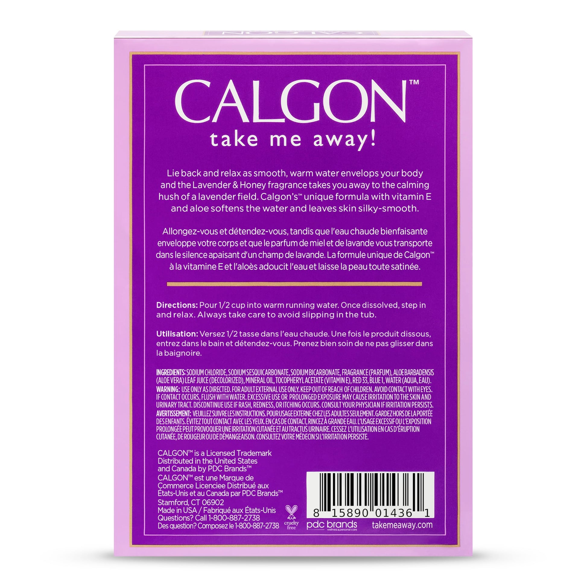 Calgon lavender and honey bath crystals bottle showing nutritional and ingredient details