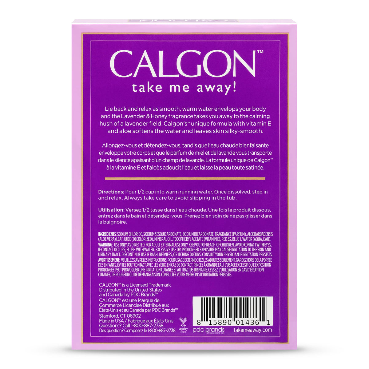 Calgon lavender and honey bath beads packaging side profile