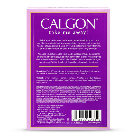 Calgon lavender and honey bath crystals bottle showing nutritional and ingredient details