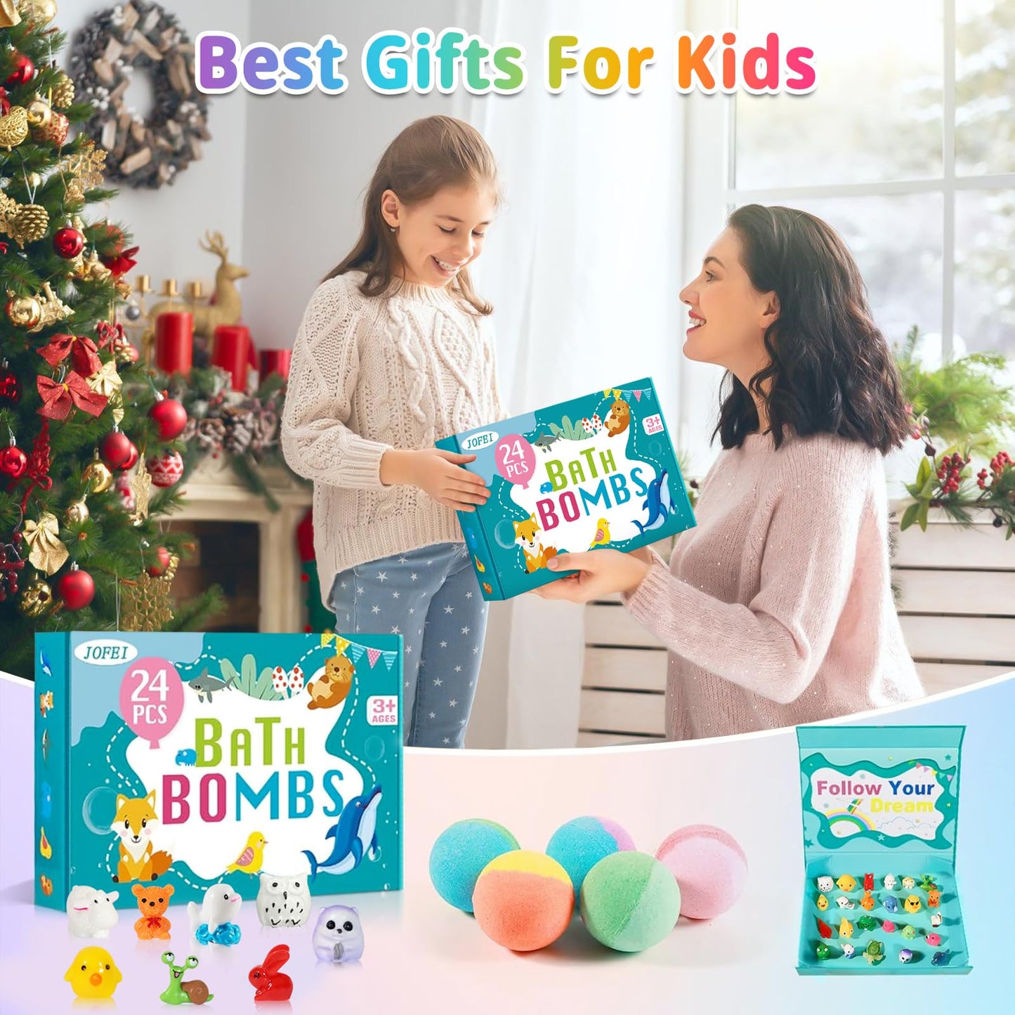 Organic kids bath bombs releasing kid-friendly fruity fragrances in a warm bathtub whirlpool.