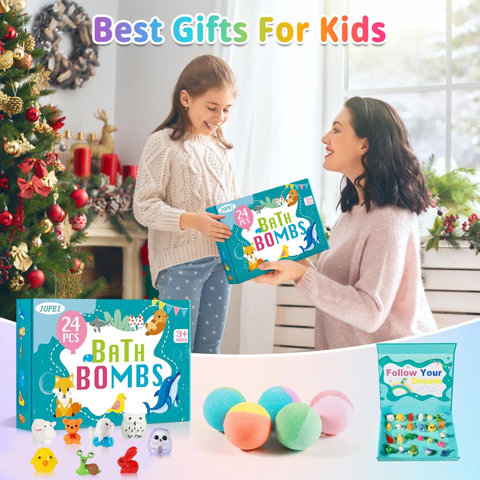 Organic kids bath bombs releasing kid-friendly fruity fragrances in a warm bathtub whirlpool.