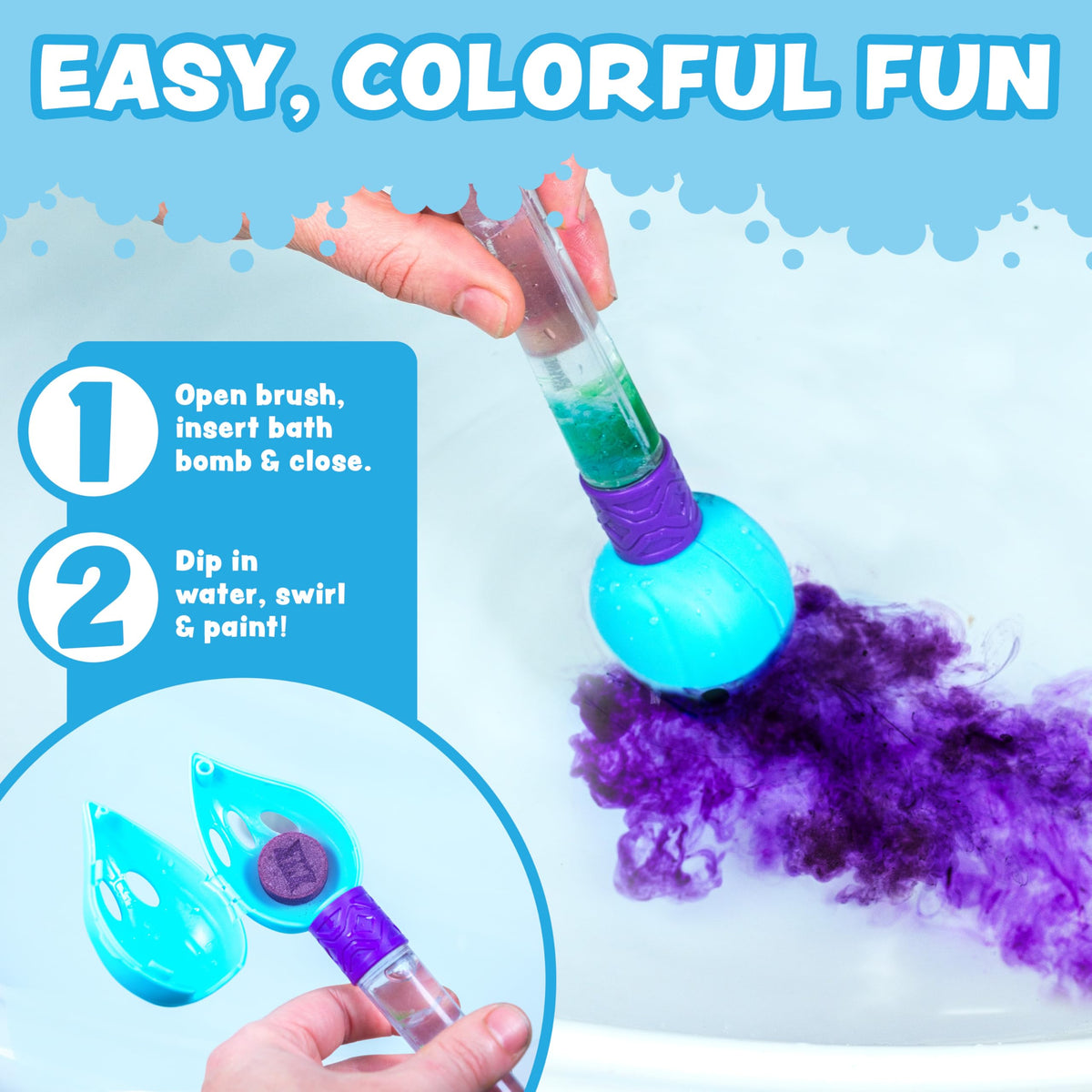 Child painting colored bath water with Tub Works wand