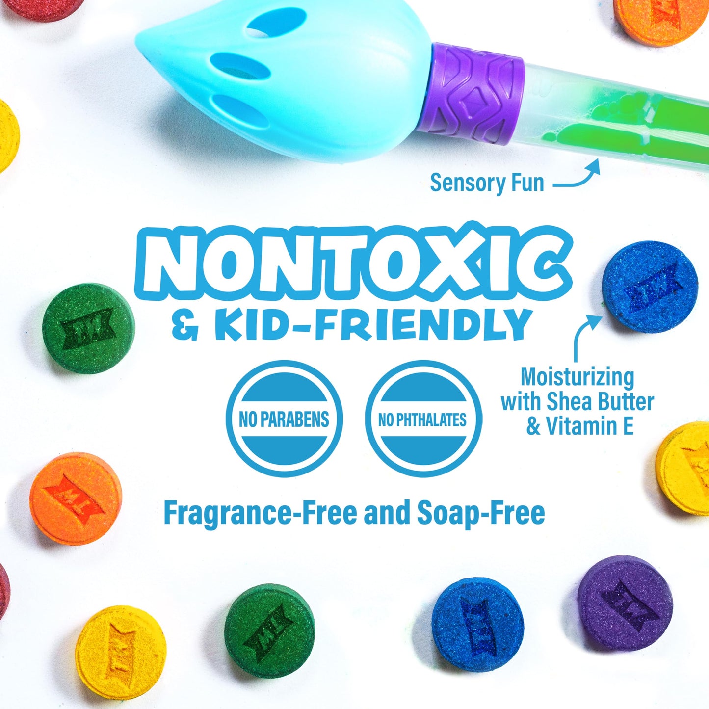 Back label of Tub Works bath bomb set showing the safe non toxic and fragrance free ingredient list.