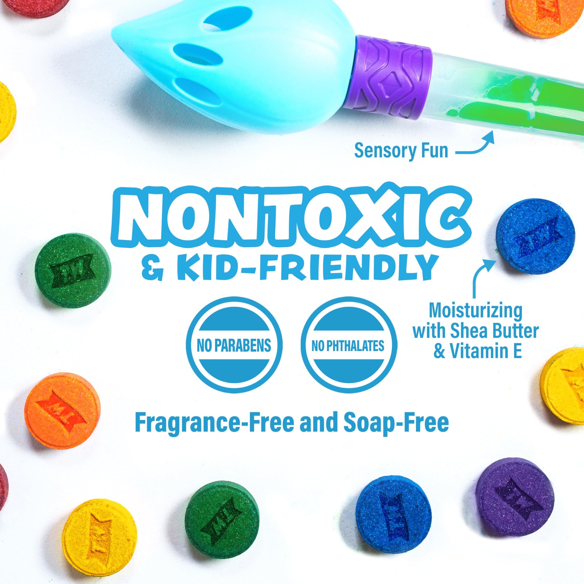 Back label of Tub Works bath bomb set showing the safe non toxic and fragrance free ingredient list.