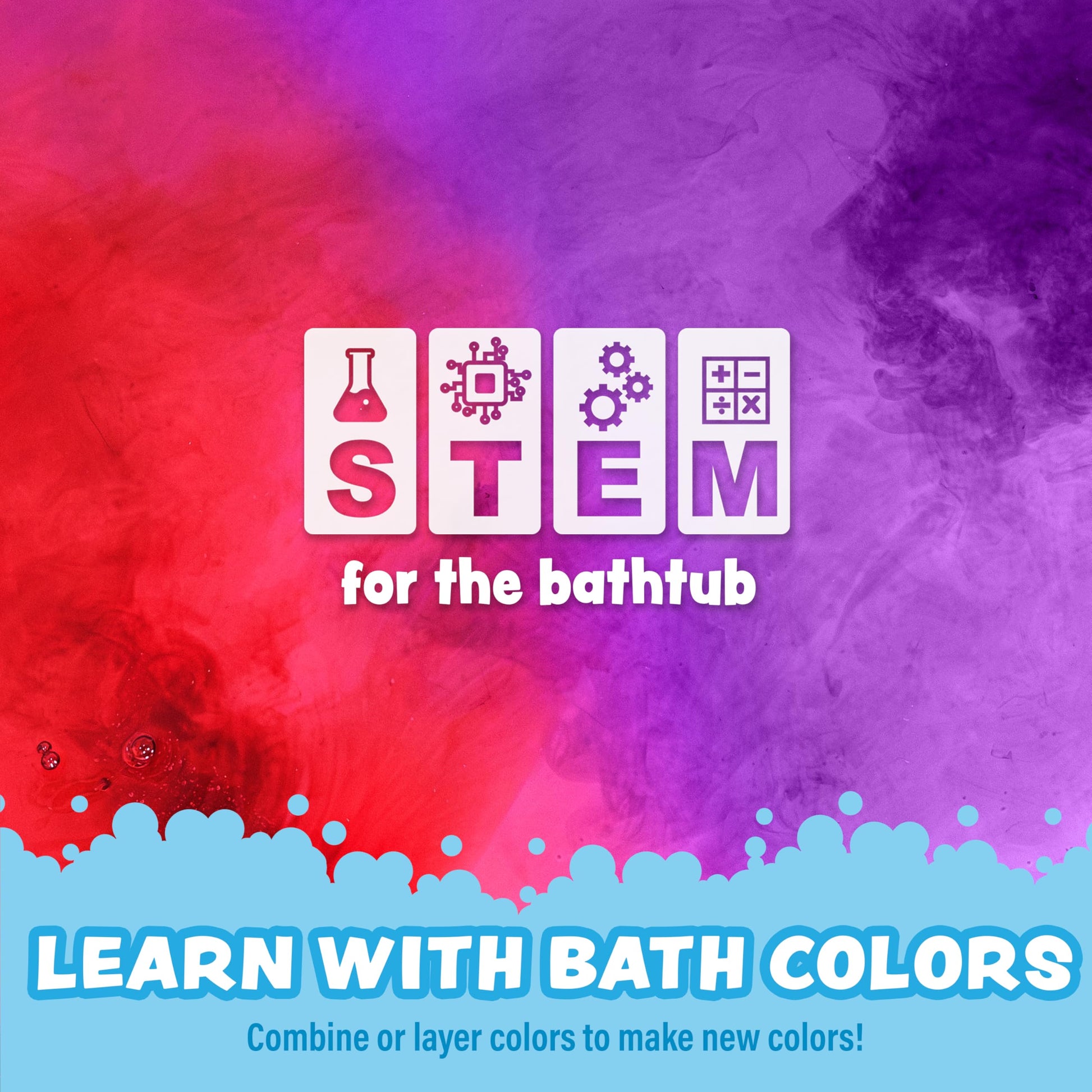A child happily swirling the fizzing color brush wand in a tub filled with bright rainbow colored water.