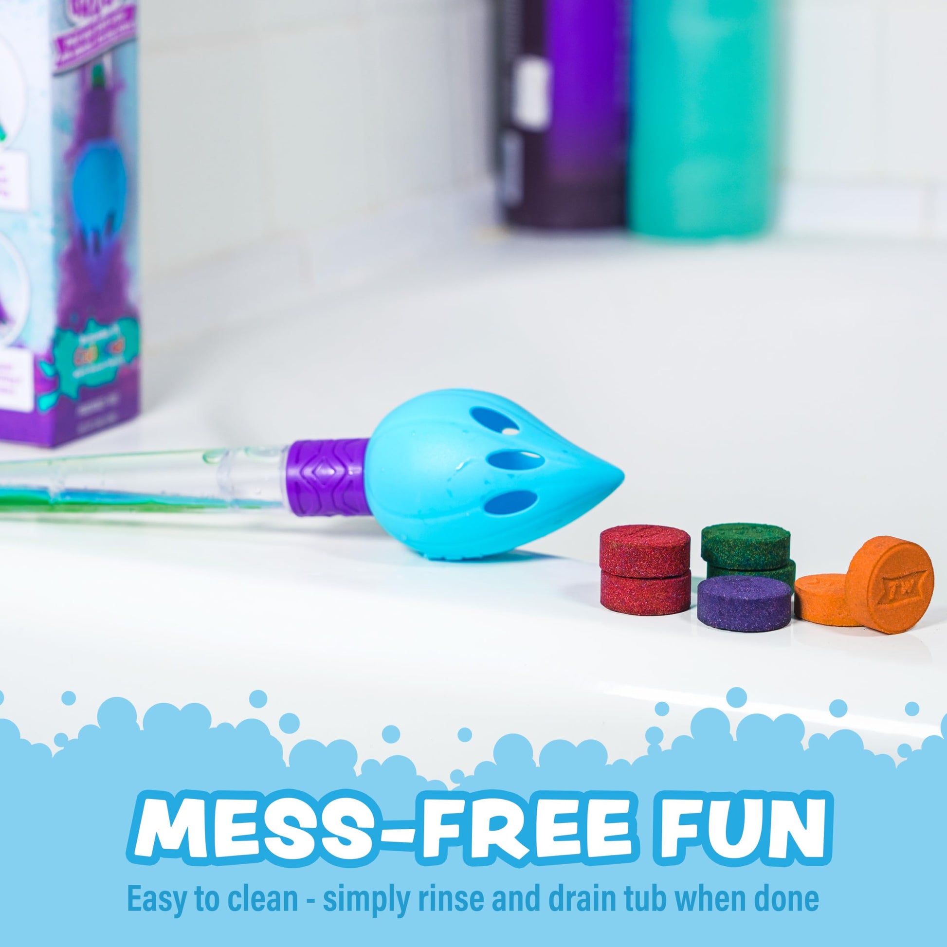 The complete contents of the Tub Works kit featuring eighteen pieces of color pops and one painting wand.