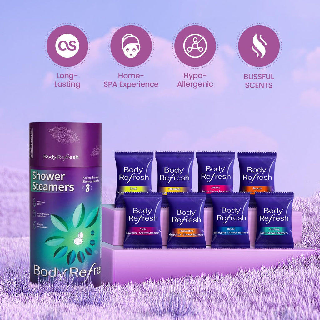 Assorted natural essential oil shower steamers laid out
