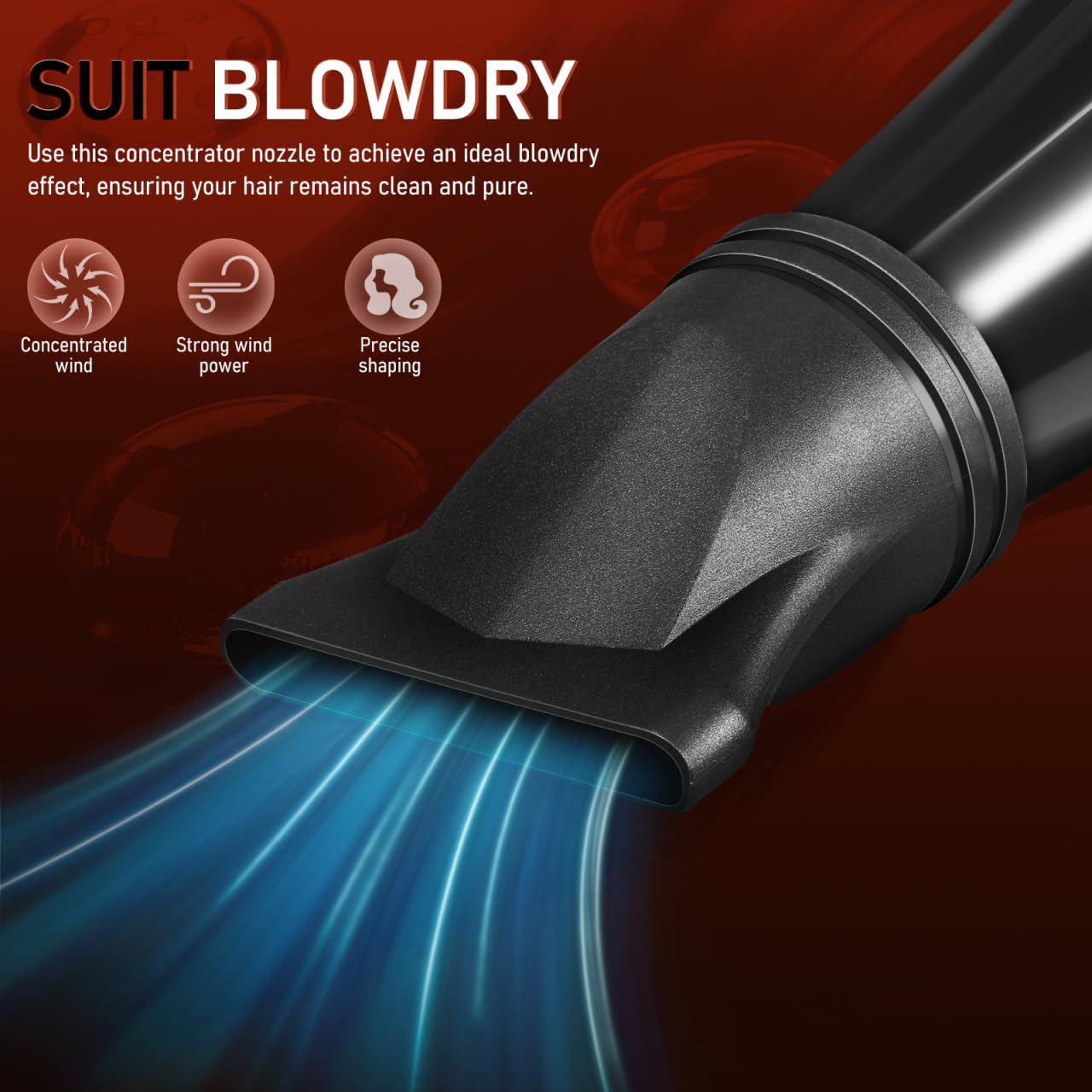 Two pieces of lightweight black concentrator nozzles designed for curly and wavy hair styling.