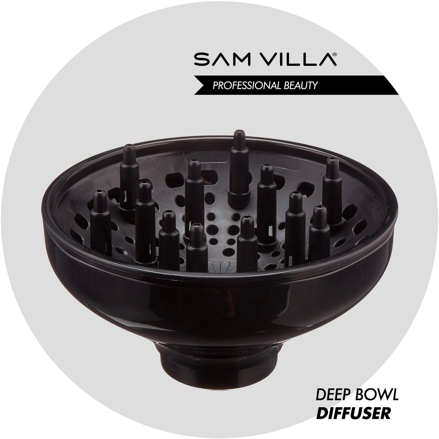 Black professional hair dryer nozzle diffuser by Sam Villa displaying the universal attachment barrel.