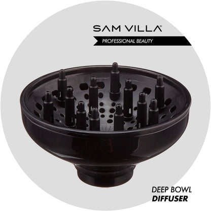 Black professional hair dryer nozzle diffuser by Sam Villa displaying the universal attachment barrel.