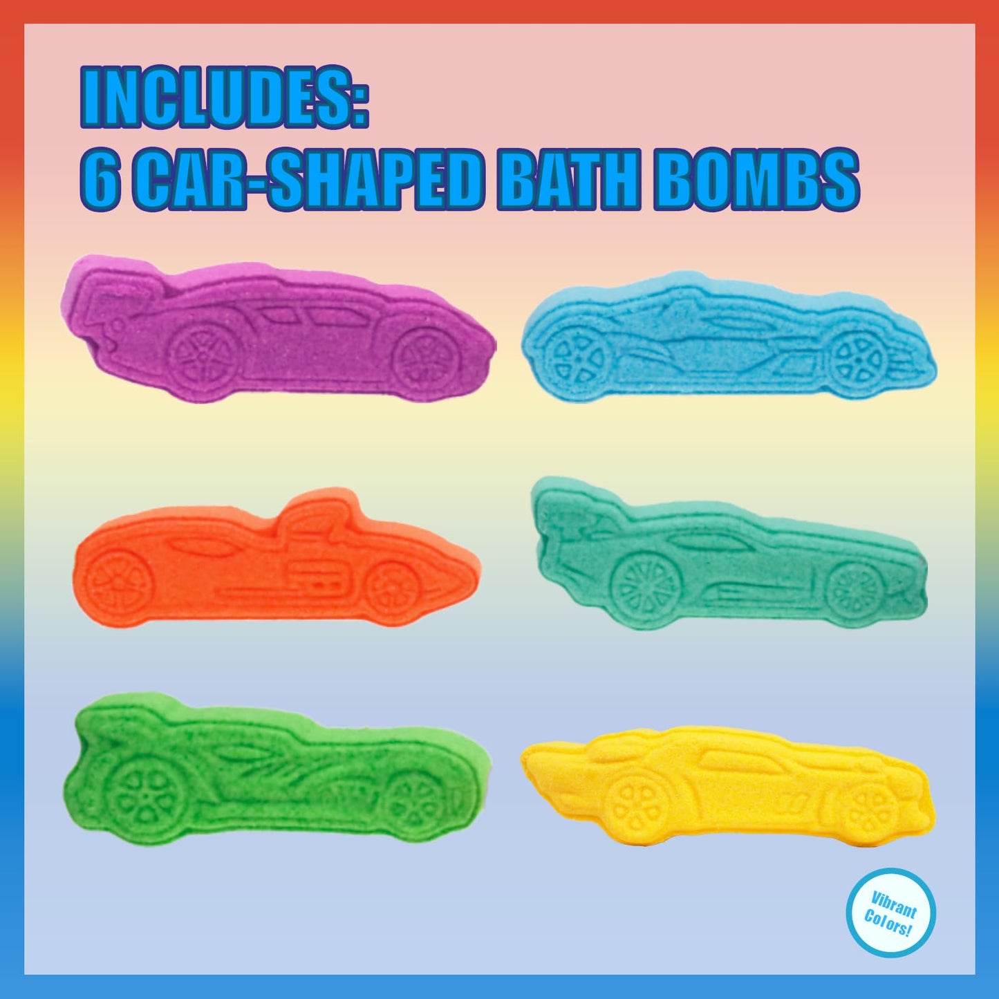 Six car-shaped bubblegum scented kids bath bombs arranged together