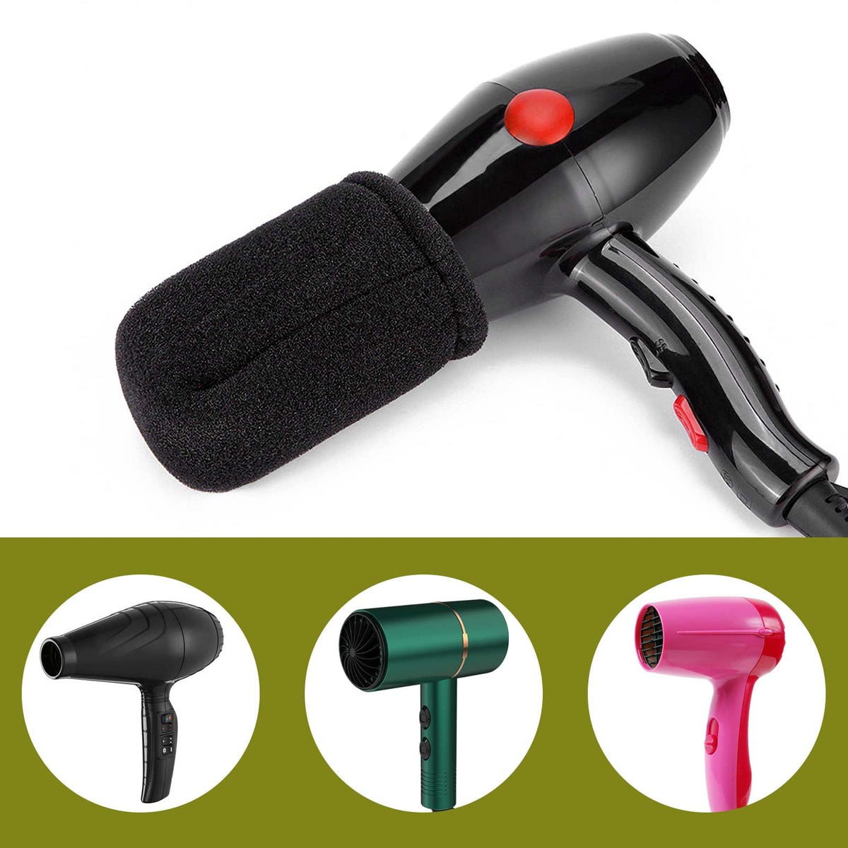 WOBEVB curly hair sock diffuser demonstrating its universal fit capability on a standard dryer nozzle