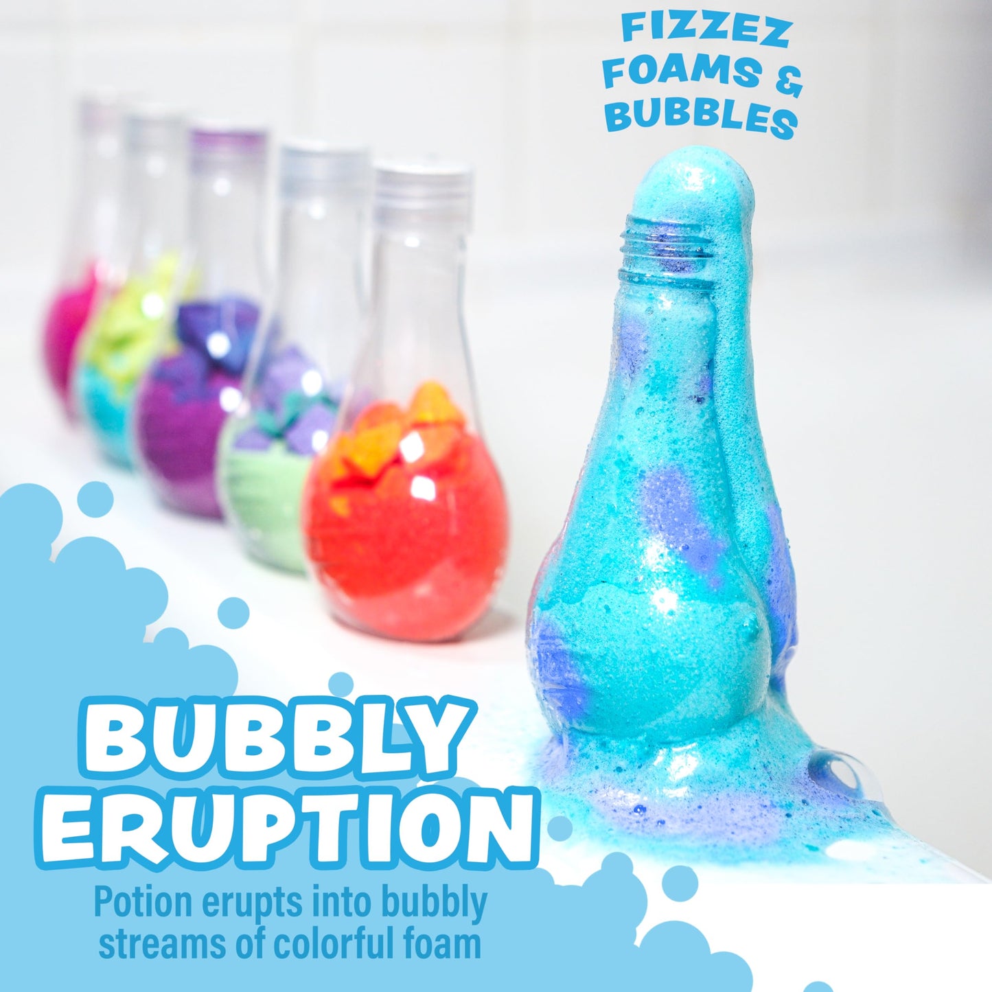 Toddler holding a Tub Works bath potion flask as it erupts with vibrant blue and pink foam.