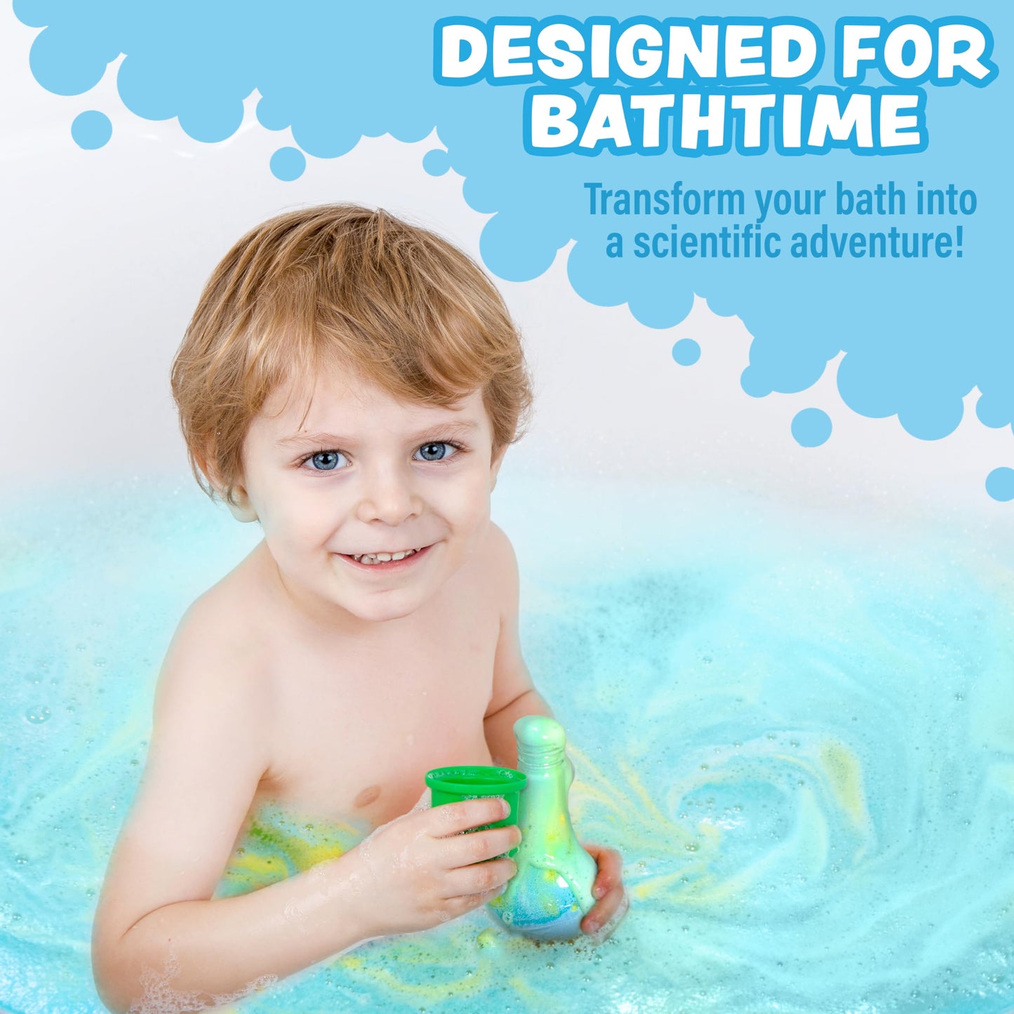 Six different styles of non-toxic interactive kids bath bombs arranged together showing diverse colors.