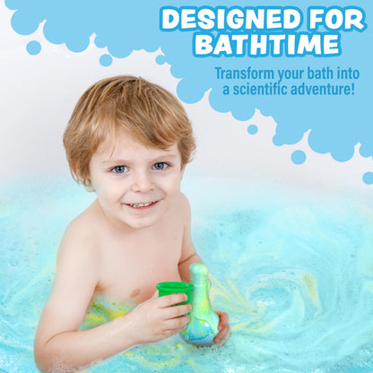 Six different styles of non-toxic interactive kids bath bombs arranged together showing diverse colors.