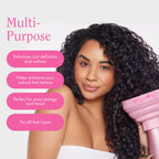 Rizos Curls hair diffuser being used upside down on natural curly hair for extra volume