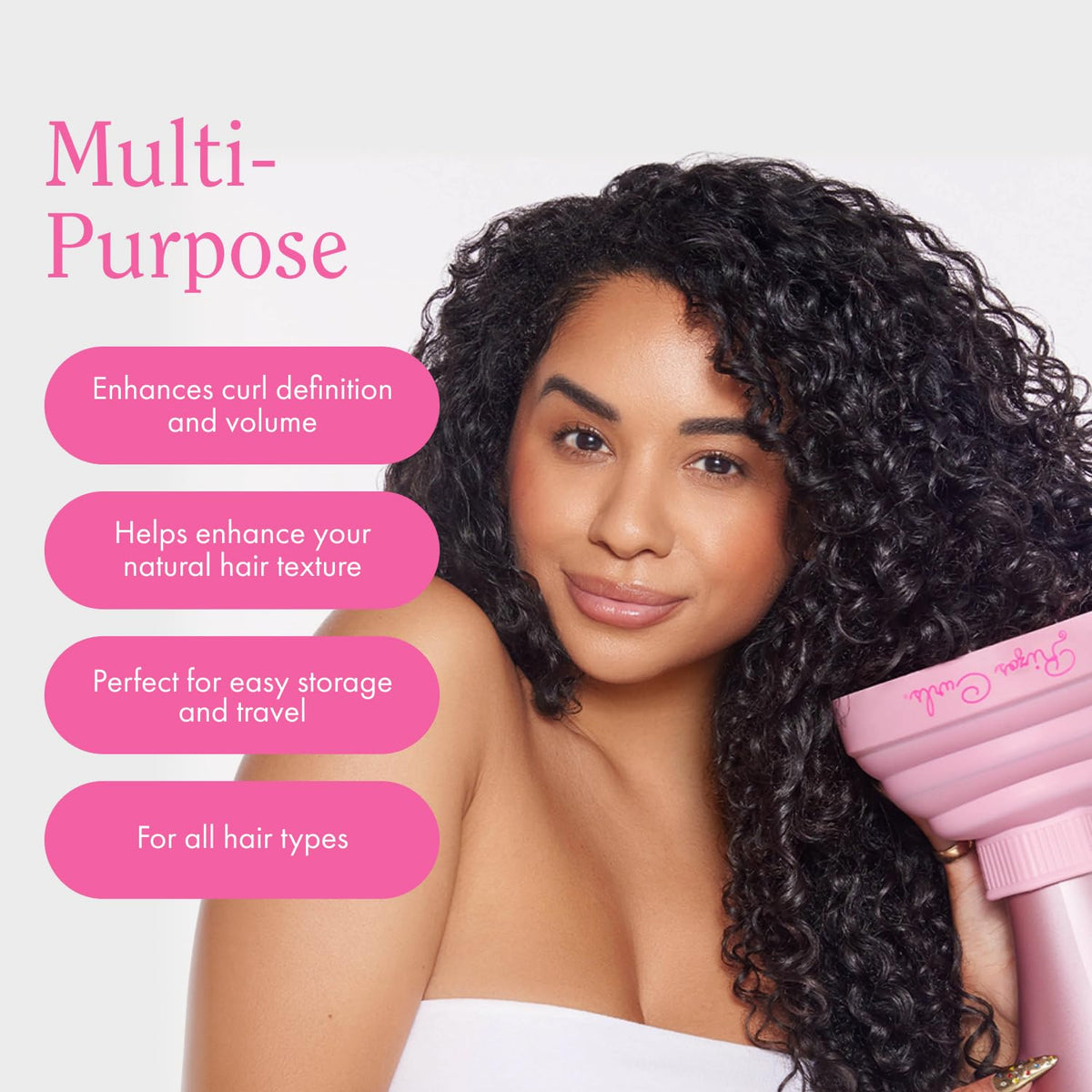 Rizos Curls hair diffuser being used upside down on natural curly hair for extra volume