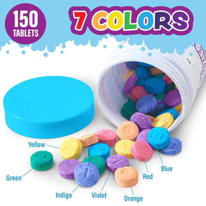 Kids bath water coloring tablets dissolving in bathtub creating vibrant water