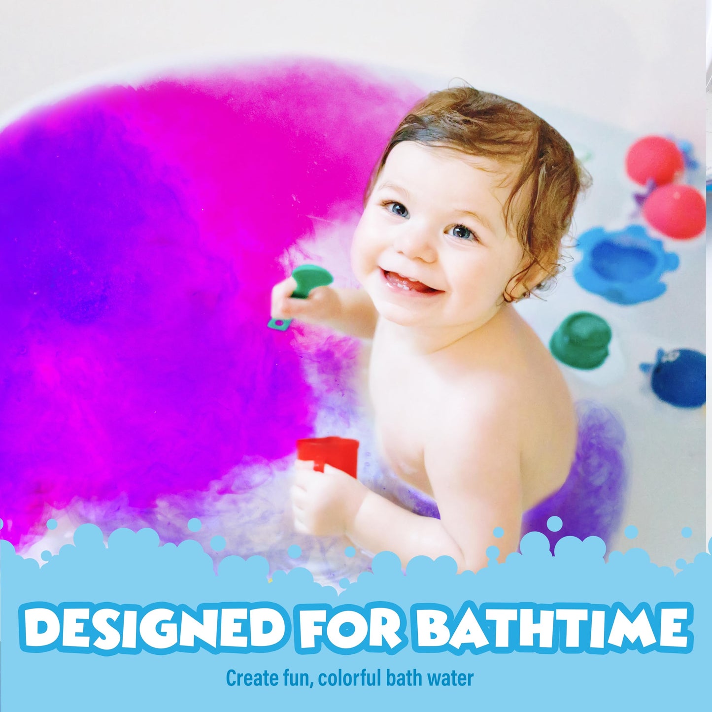 Nontoxic fragrance free bath color tablets in seven rainbow colors for children