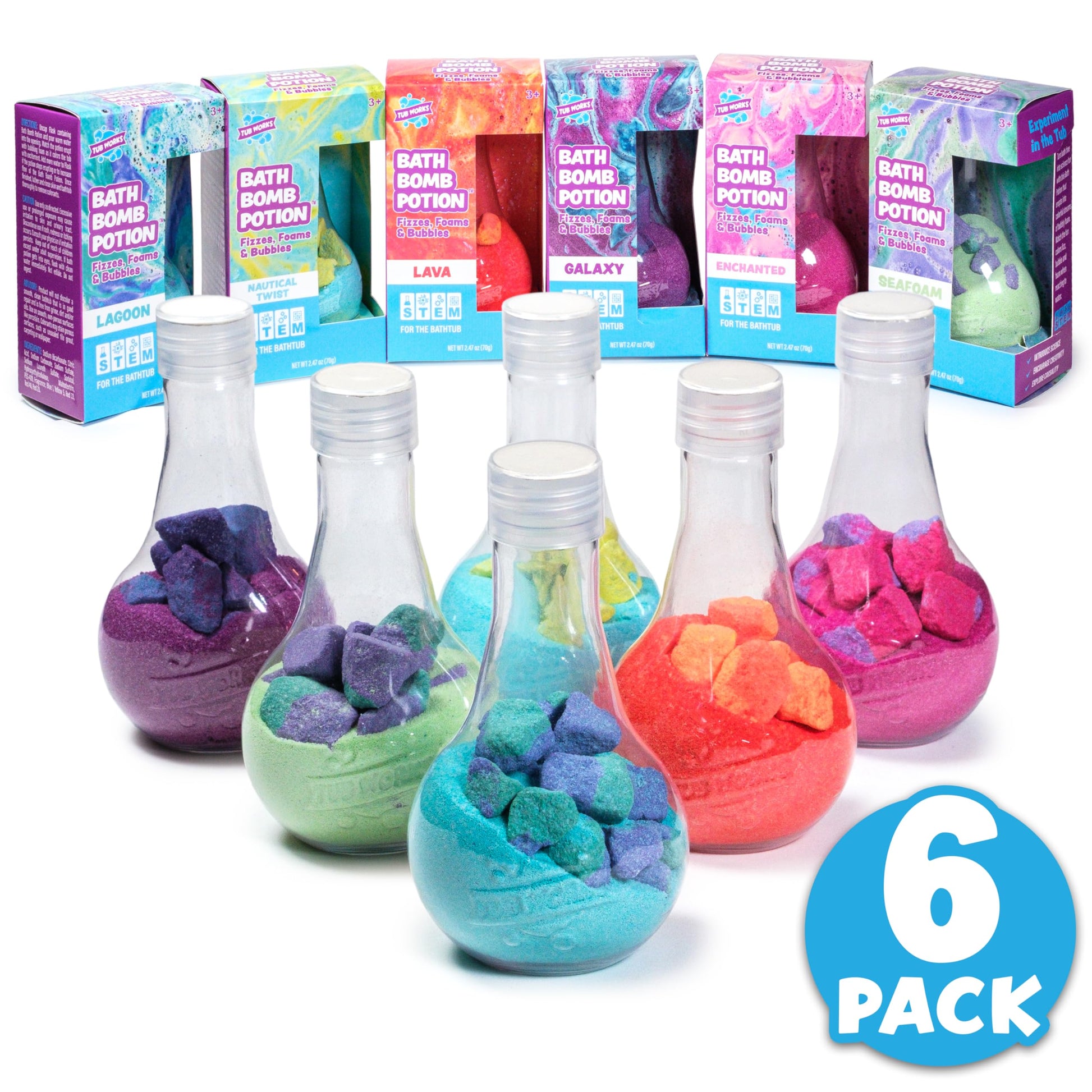 Galaxy and Lagoon themed bath potions showcasing the non staining formula inside the bathtub.