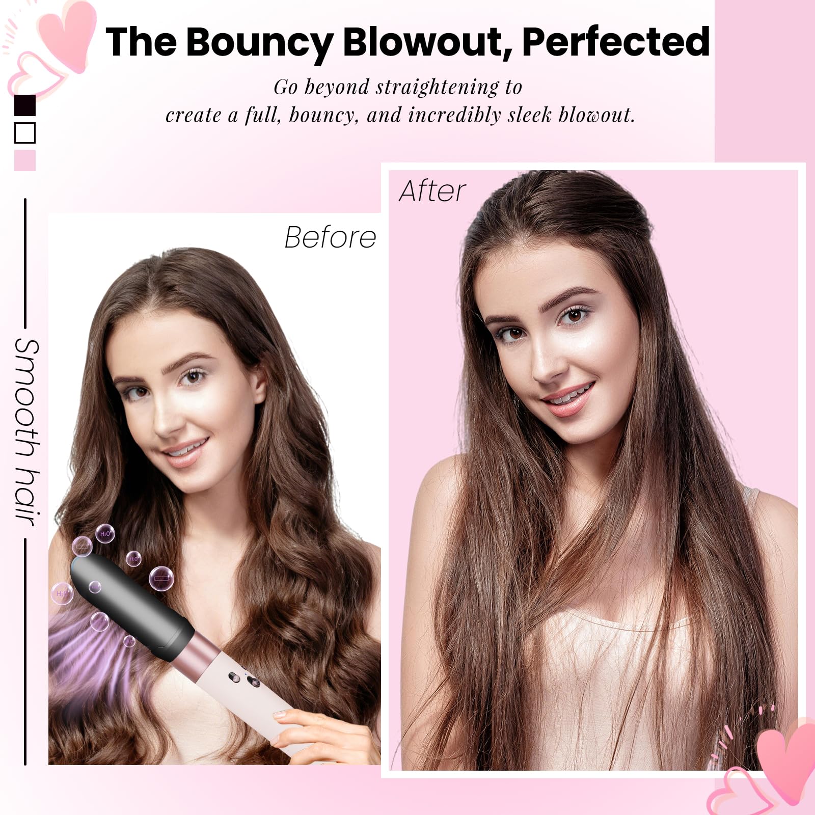 Wider straightening plates on the aftermarket replacement nozzle designed to minimize frizz.