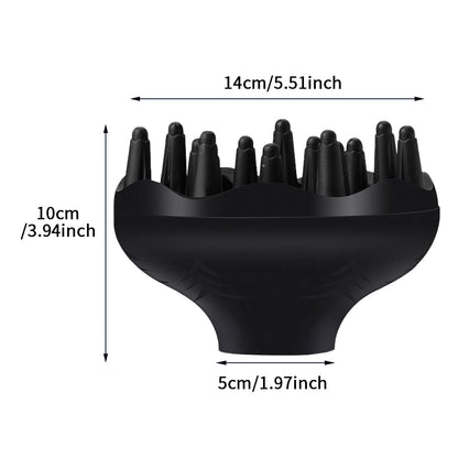 Black curly hair diffuser nozzle showing the adjustable connection mechanism.