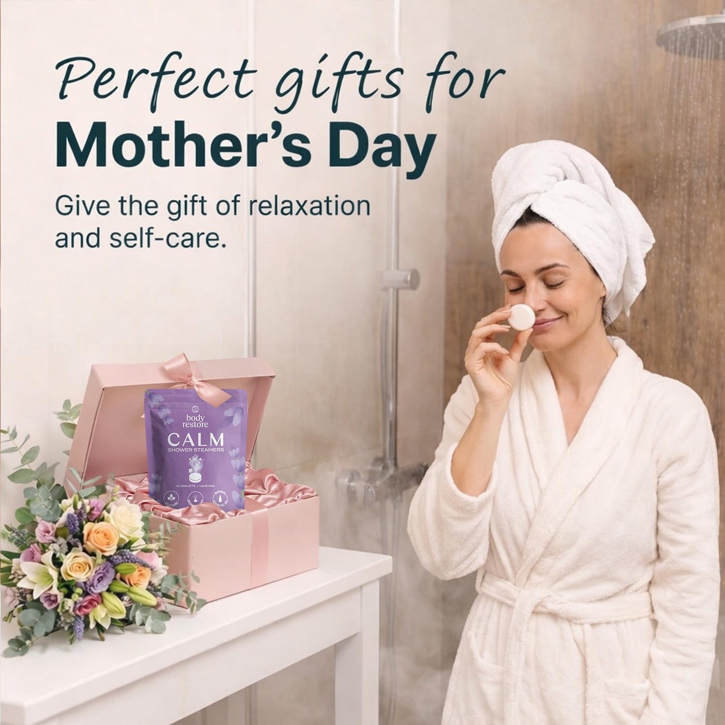 Body Restore calming aromatherapy tablet dissolving on a modern shower floor