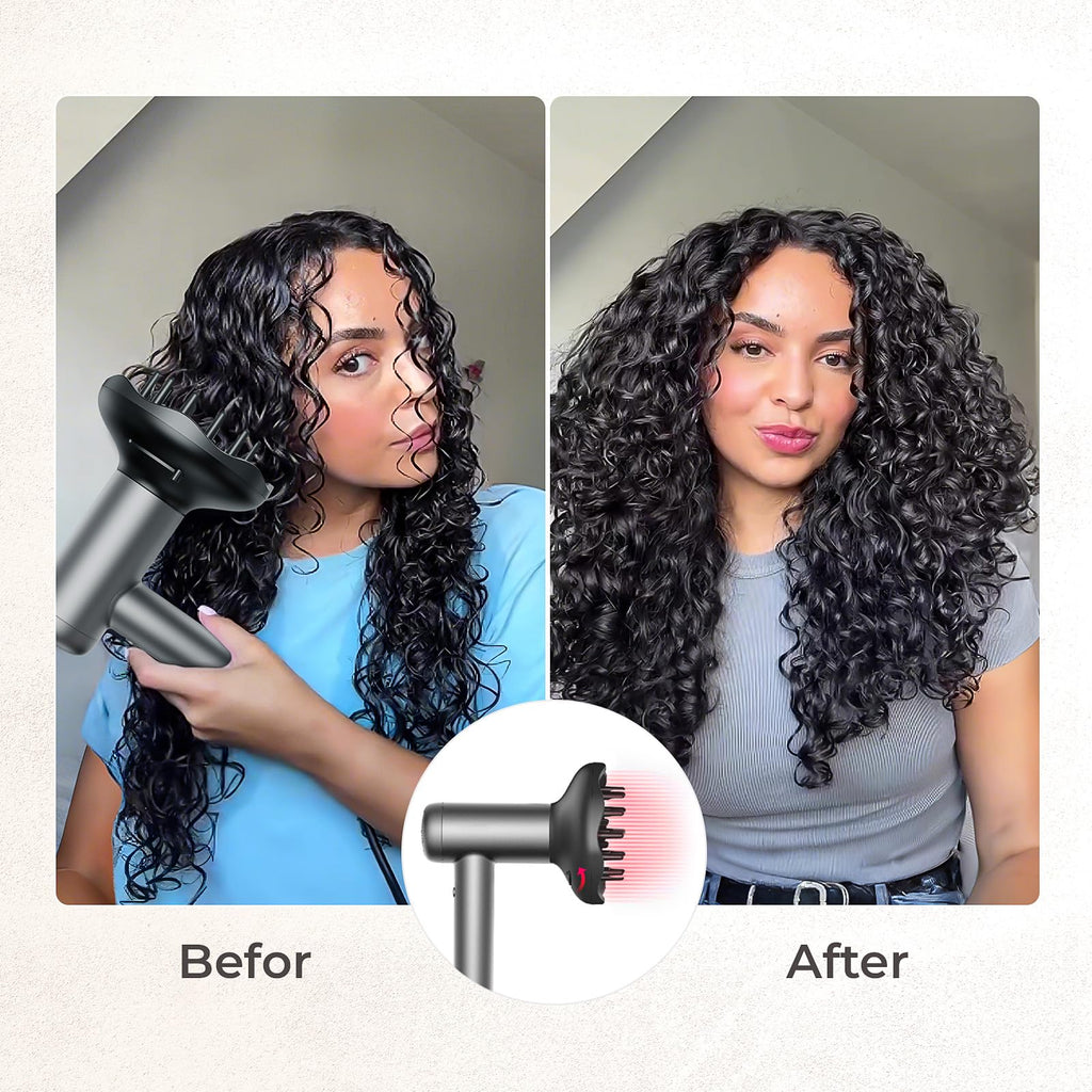 TYMO magnetic diffuser styling tool with prongs retracted down for curl definition
