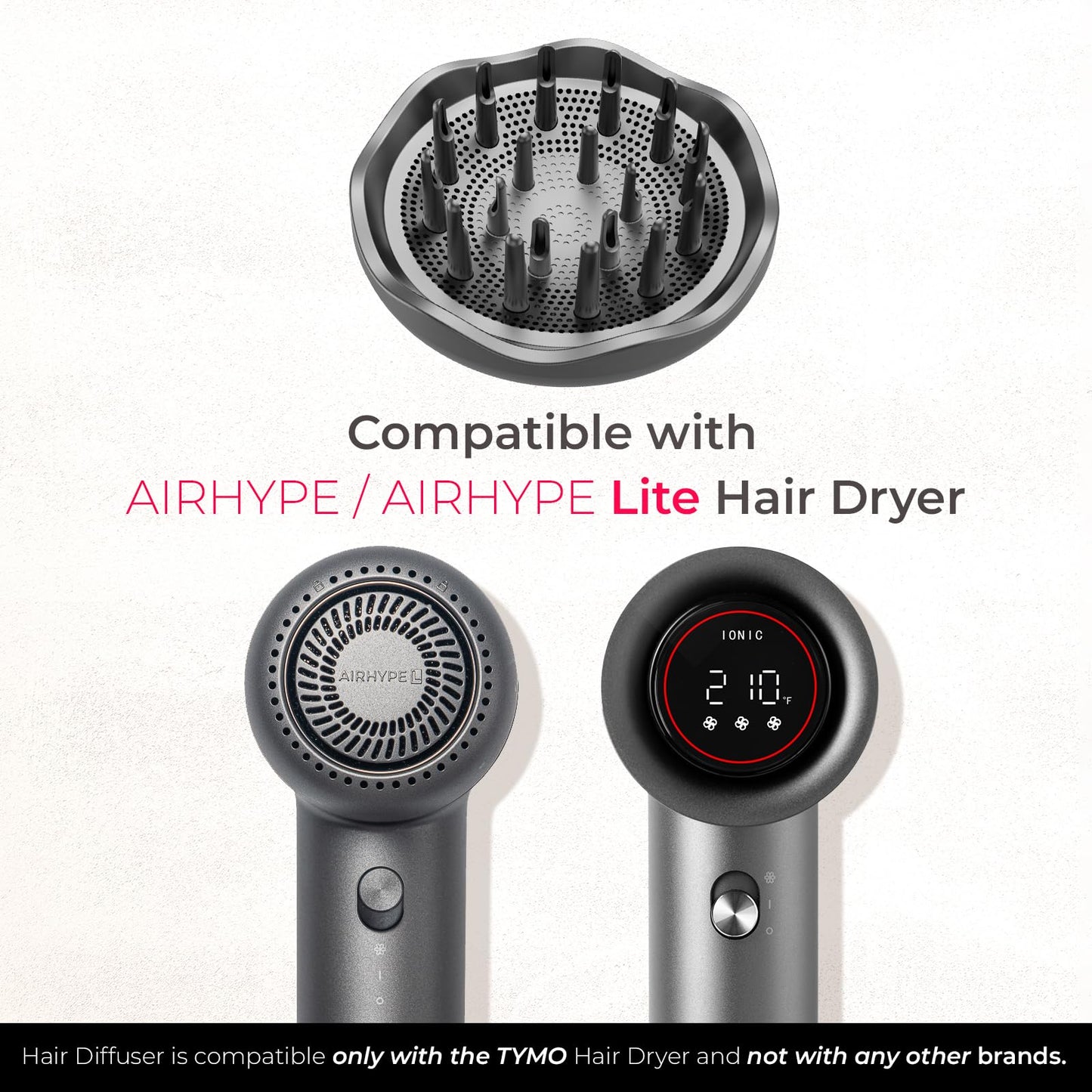 TYMO curly hair diffuser attachment showcasing three hundred sixty degree rotation capability
