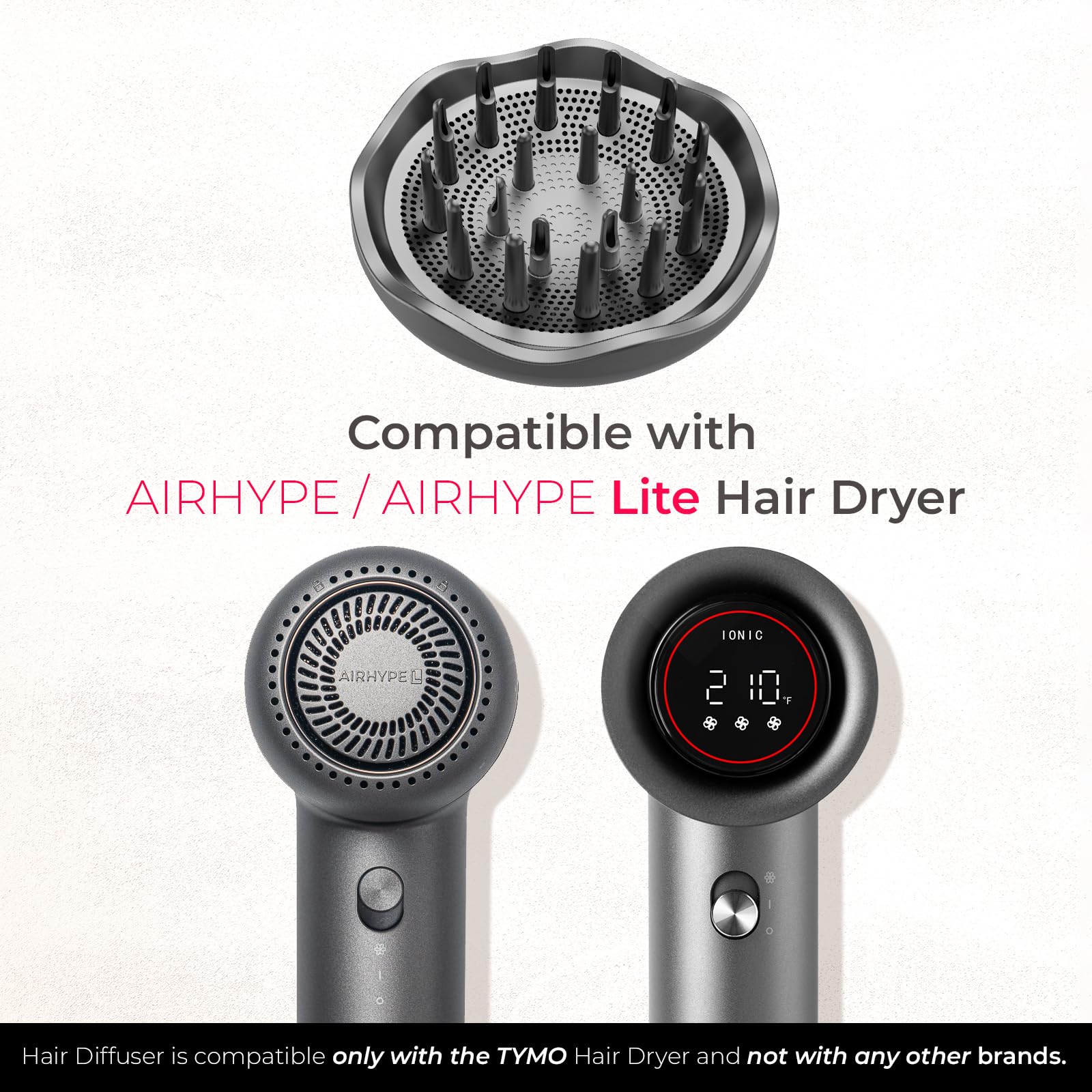 TYMO curly hair diffuser attachment showcasing three hundred sixty degree rotation capability