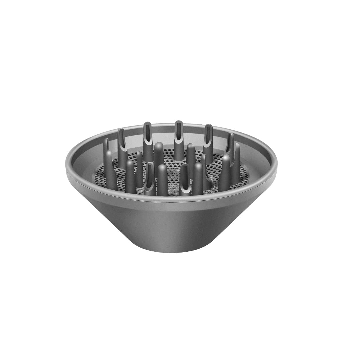 Grey plastic diffuser nozzle with long prongs for curly hair