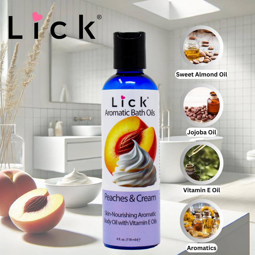 Authentic Lick brand imported body oil bottle showcasing the lightweight fluid formula for dry skin relief.