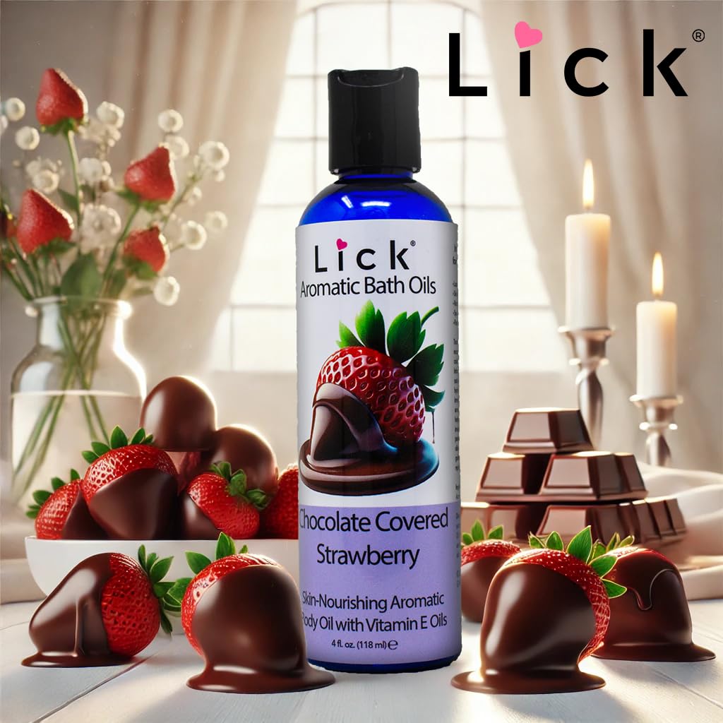 Lick chocolate strawberry bath oil bottle with label details