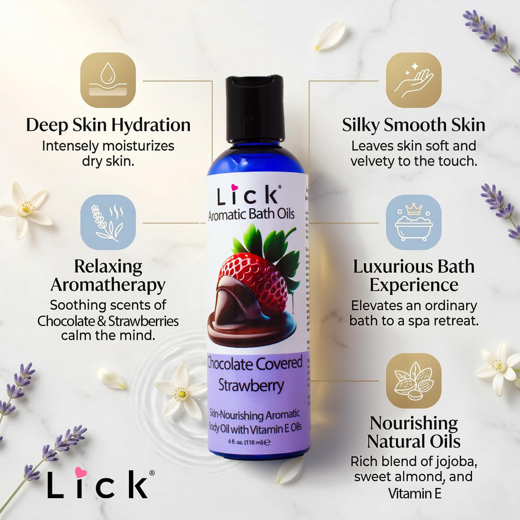 Lick 4 fluid ounce bath oil bottle angled view