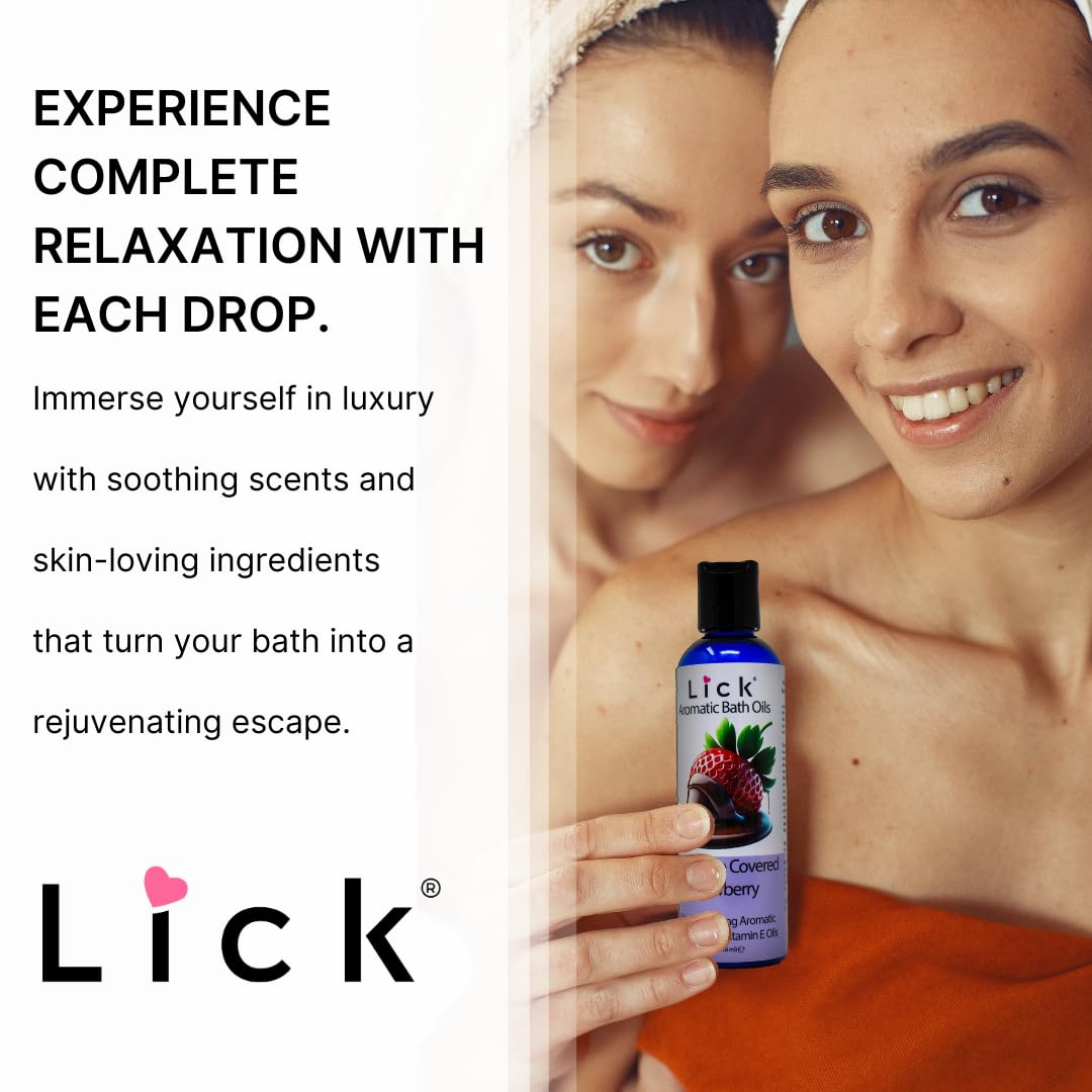 Lick chocolate covered strawberry body oil packaging close up